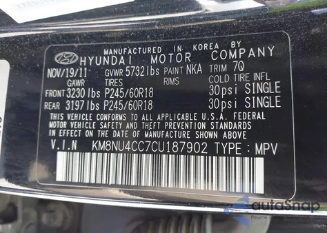 2012 Hyundai Veracruz Limited из США, поврежденный, VIN KM8NU4CC7CU187902